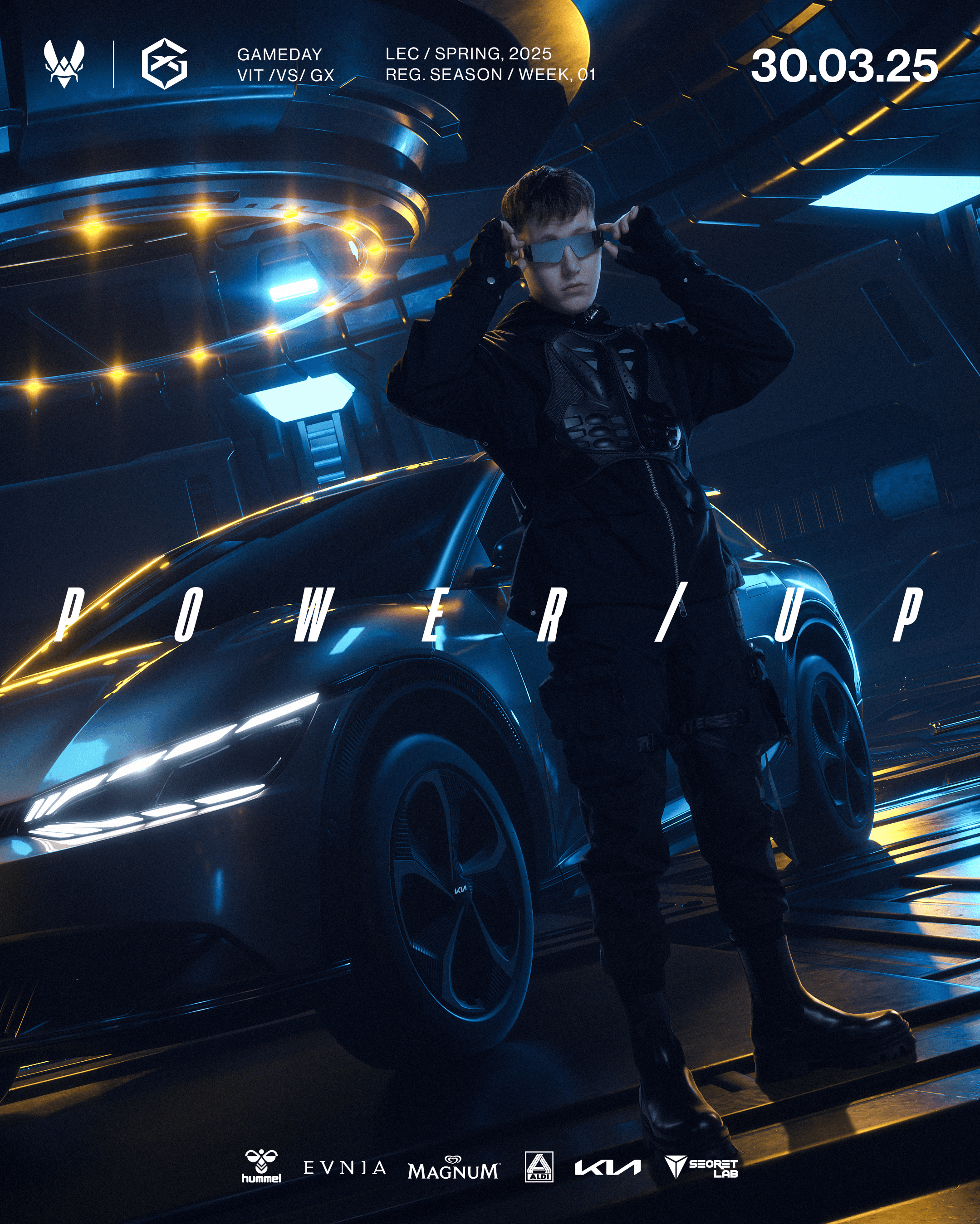 KIA x LOL project visual: White man standing in front of a KIA vehicle in a futuristic setting, large white headline "Power/up", sponsor logos in white at the bottom