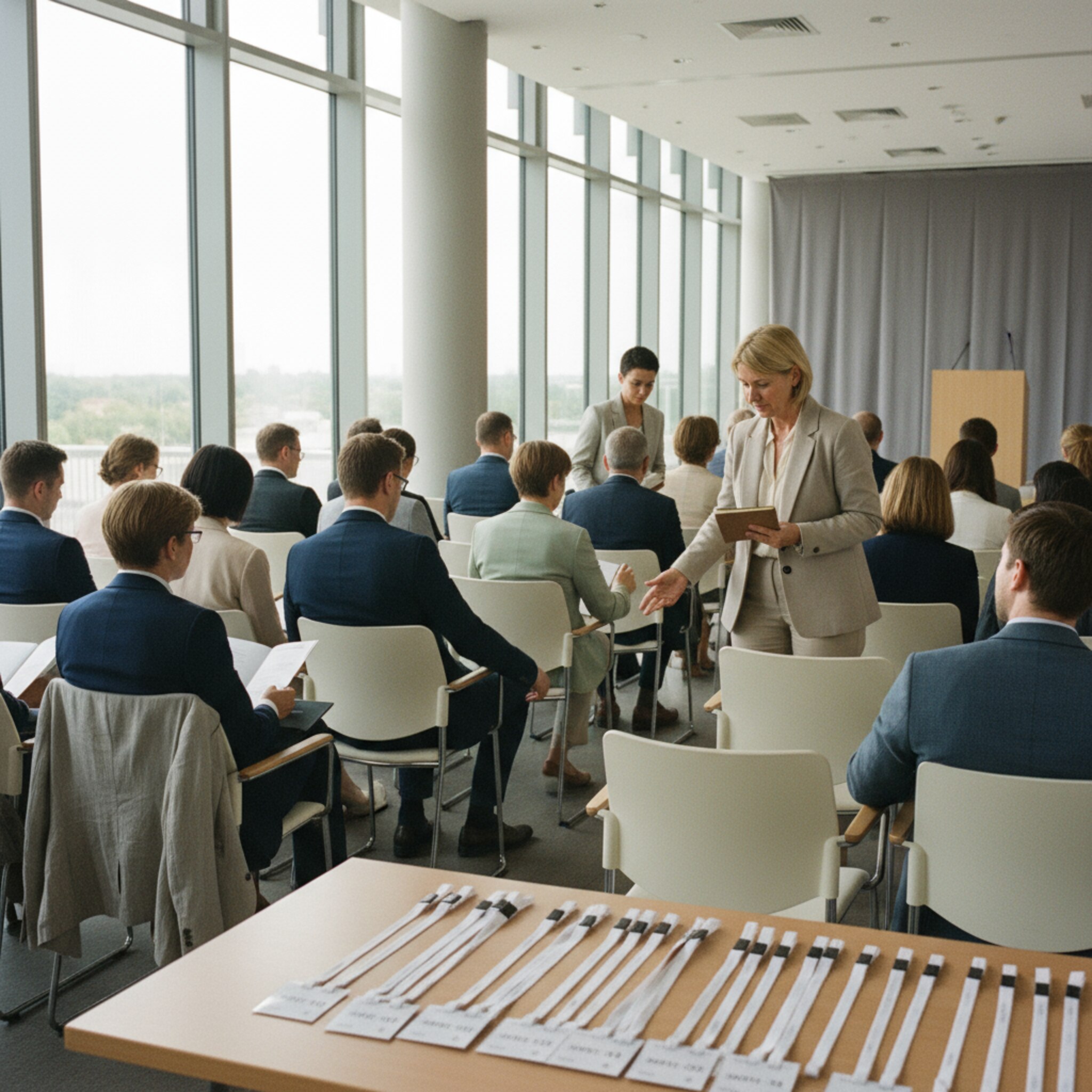 Ein heller Saal mit geordneten Stuhlreihen, in denen Gesellschafter Platz nehmen. Auf einem Tisch liegen vorbereitete Lanyards und Sitzplatzhinweise. Ein Moderator stimmt sich leise mit dem Orga-Team ab. Die Stimmung ist fokussiert, man spürt den bevorstehenden Start der Versammlung.