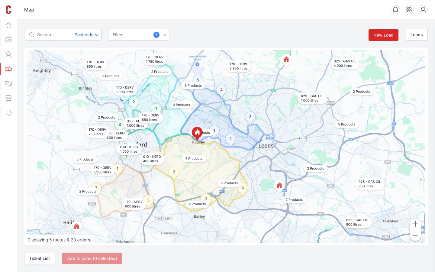 Image of CODAS 7 Map screen displaying orders and planned routes