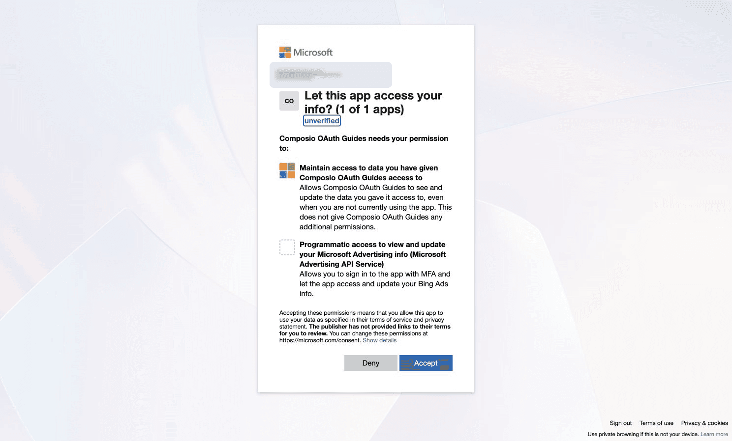 Microsoft Advertising authorization review for the custom app