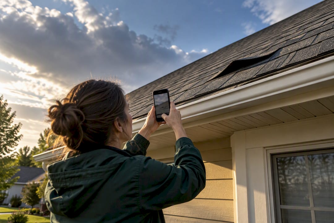 Homeowner documenting wind-lifted roof shingles