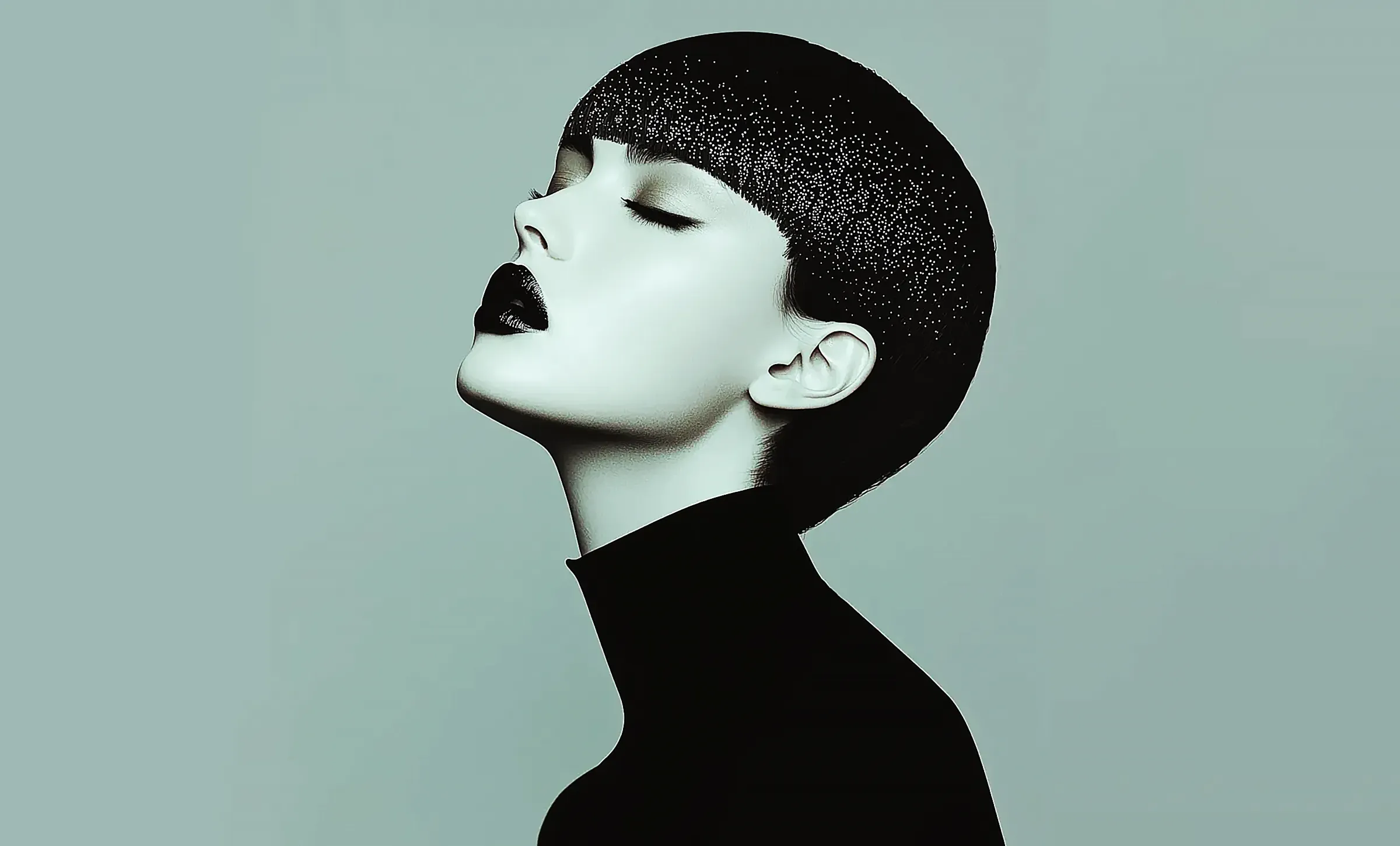  Futuristic Portrait Futuristic portrait of a woman with black lips and glittery hair against a teal background,