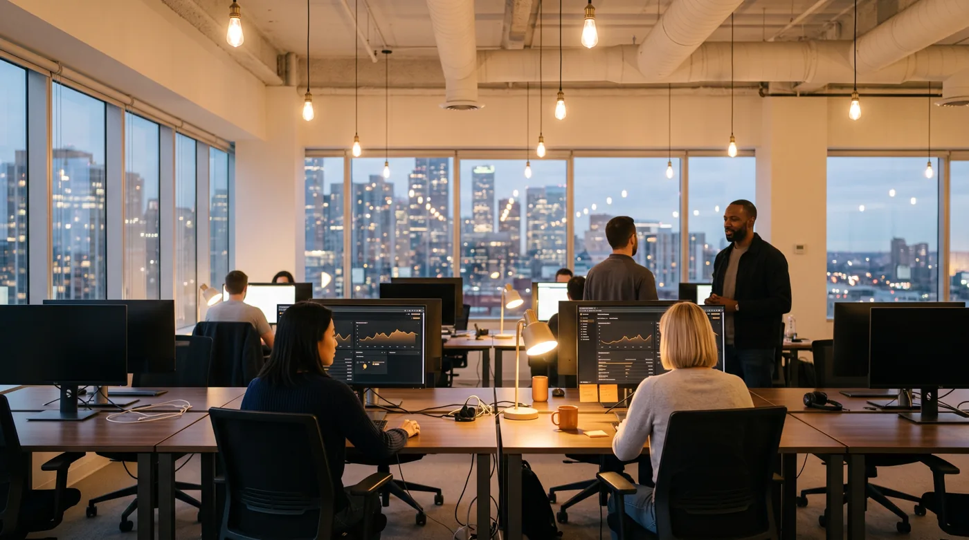 An open office at dusk with city windows