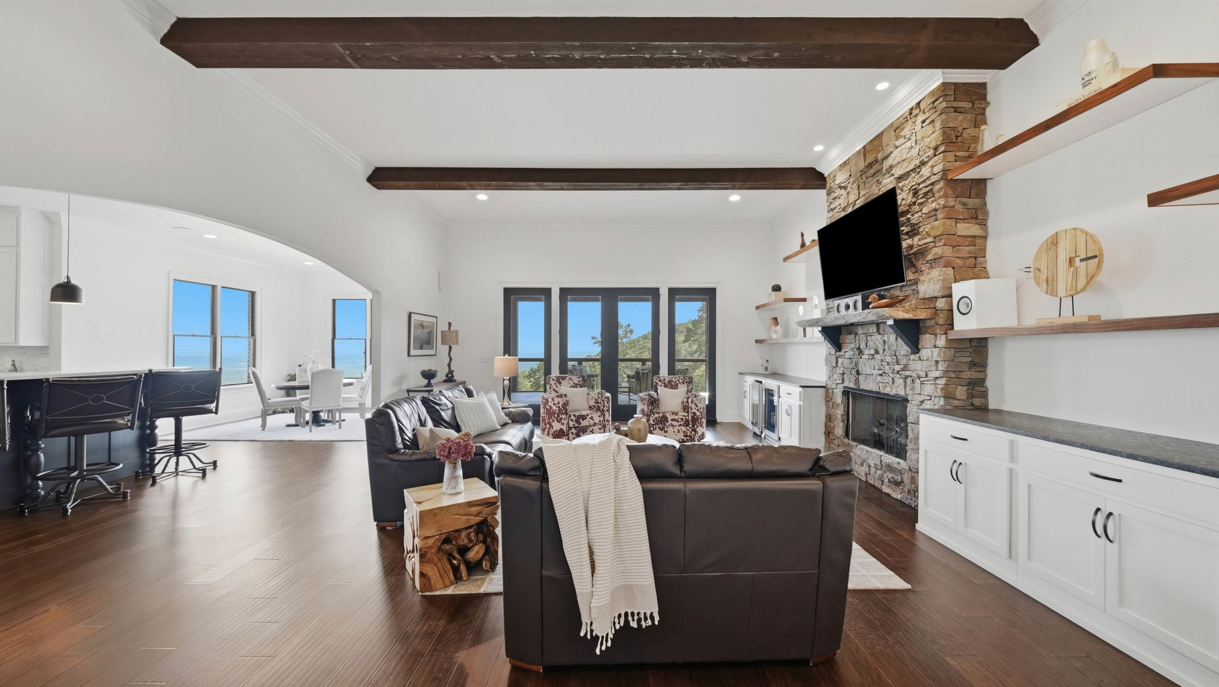 Living room with the stone fireplace