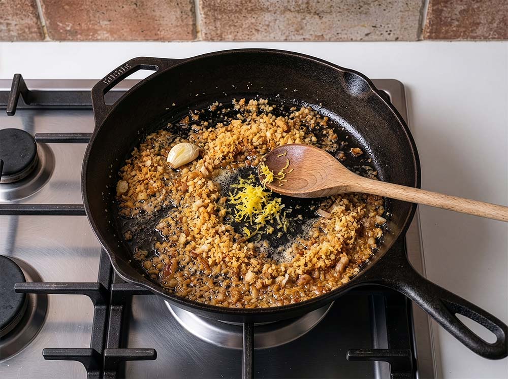 Guanciale fat rendering with breadcrumbs, garlic and lemon zest.