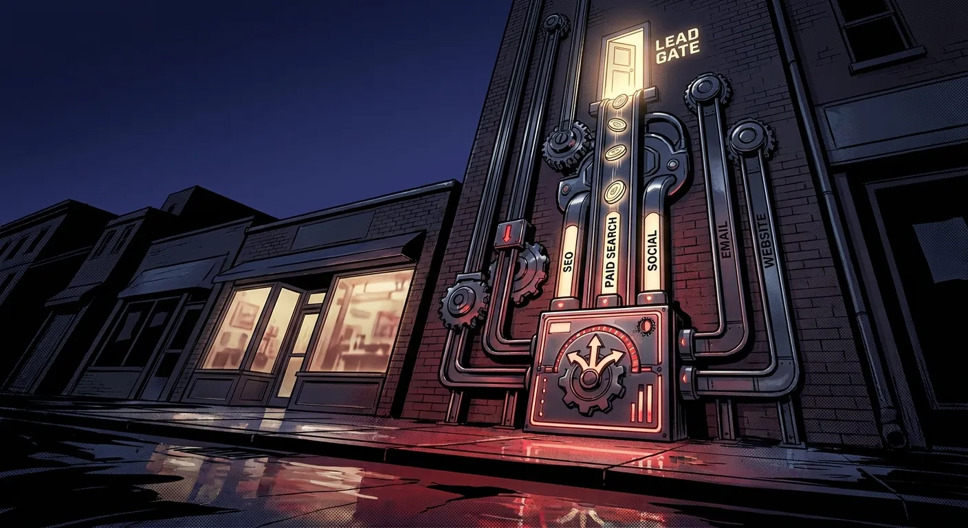 "RockN' Socials Digital Marketing Agency sign on building at night."