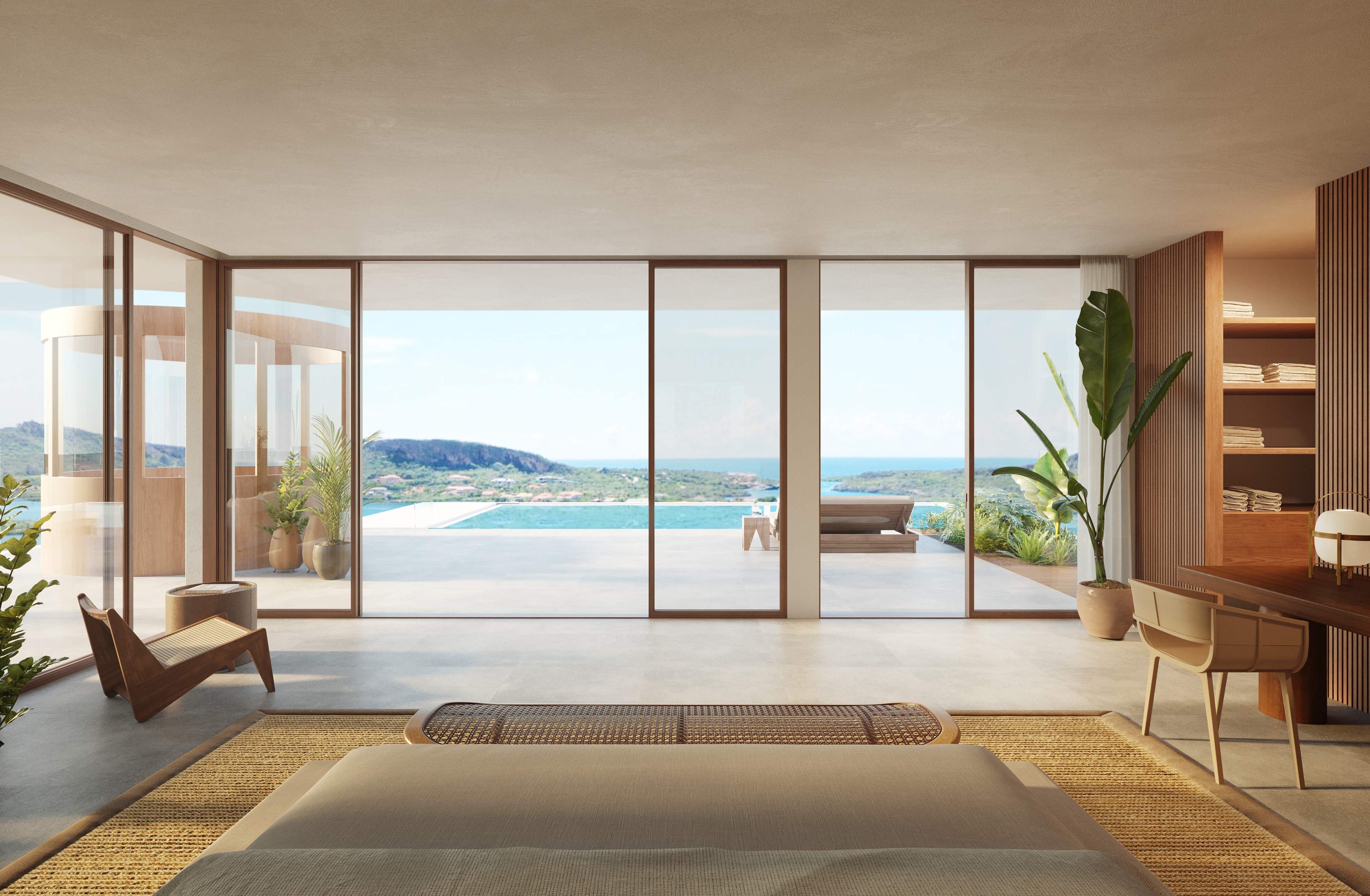 Rendered view from the top floor main bedroom looking out to the Spanish Water and the Table Mountain in the back