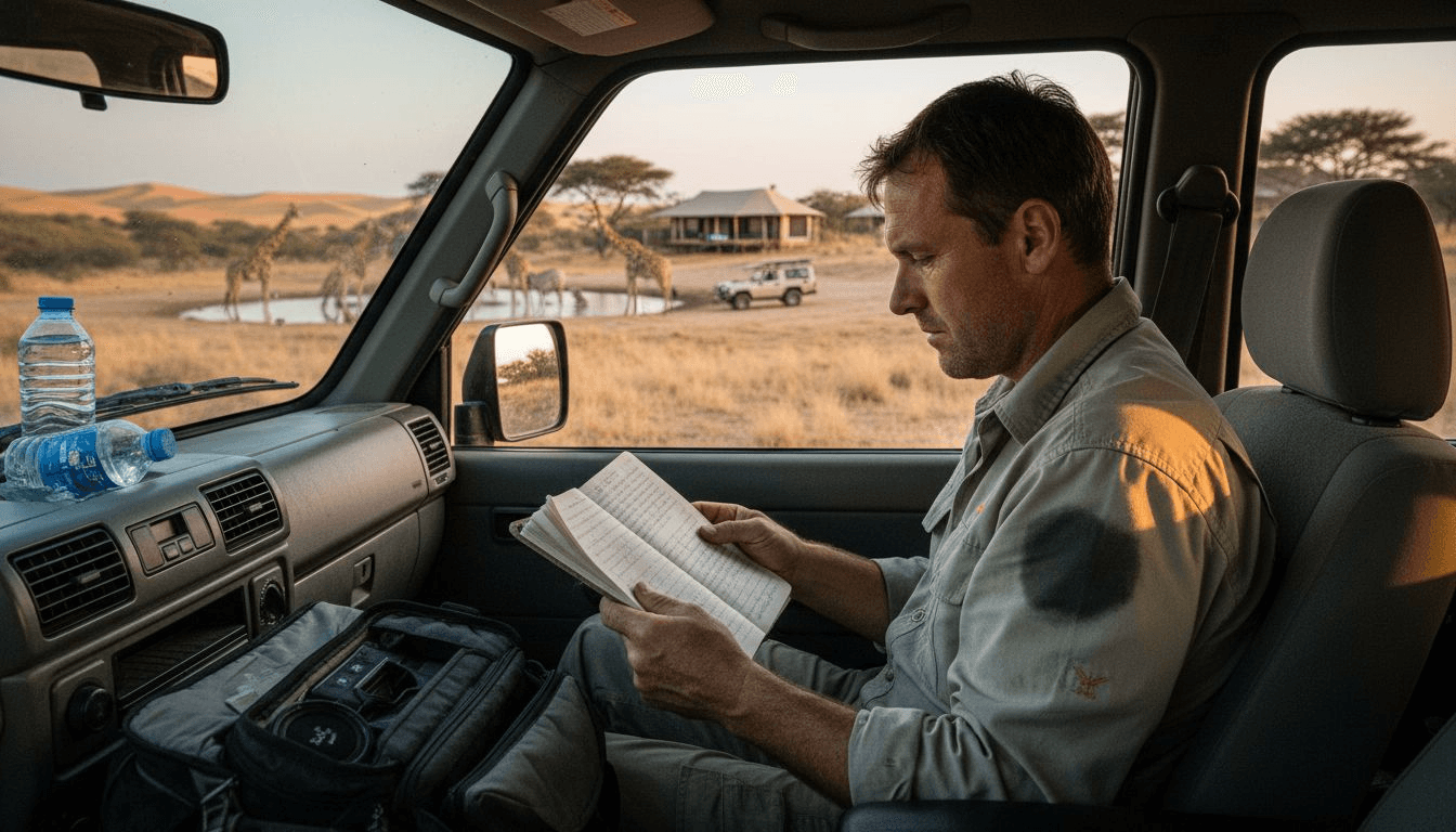 Guide recording notes inside safari vehicle