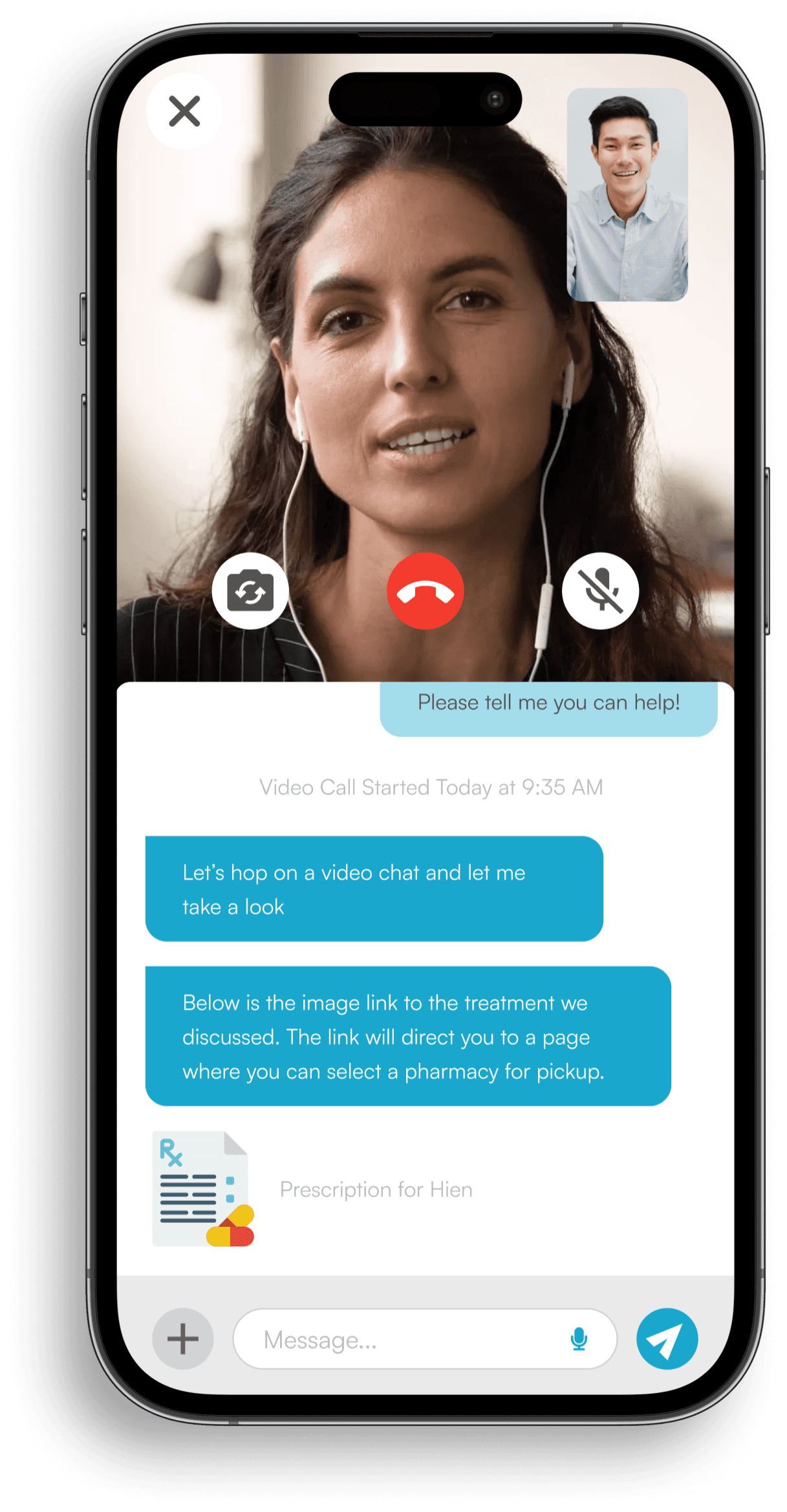 Video call featuring the doctor with a chat screen below.
