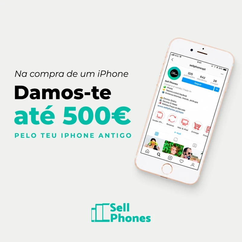 Social media post for SellPhones showing an Instagram page using an iPhone 