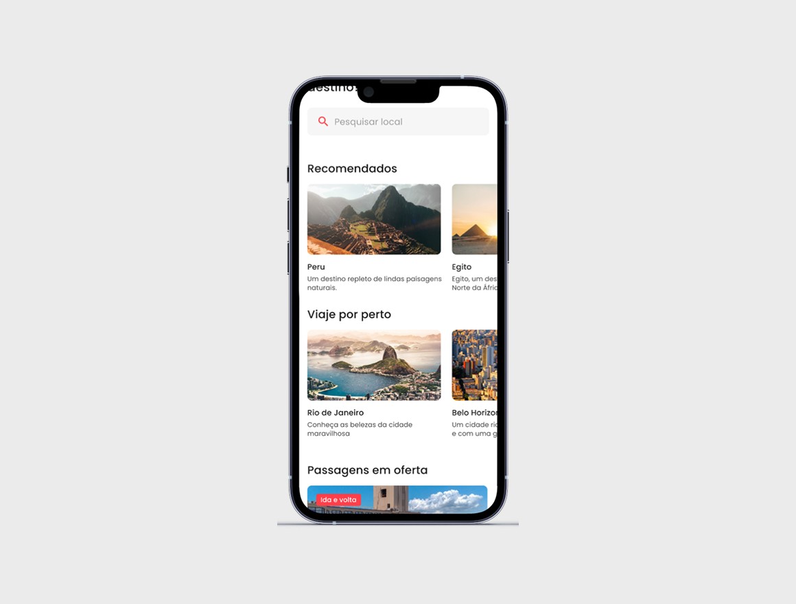 Celular mostrando tela do aplicativo de viagens Viajar Barato