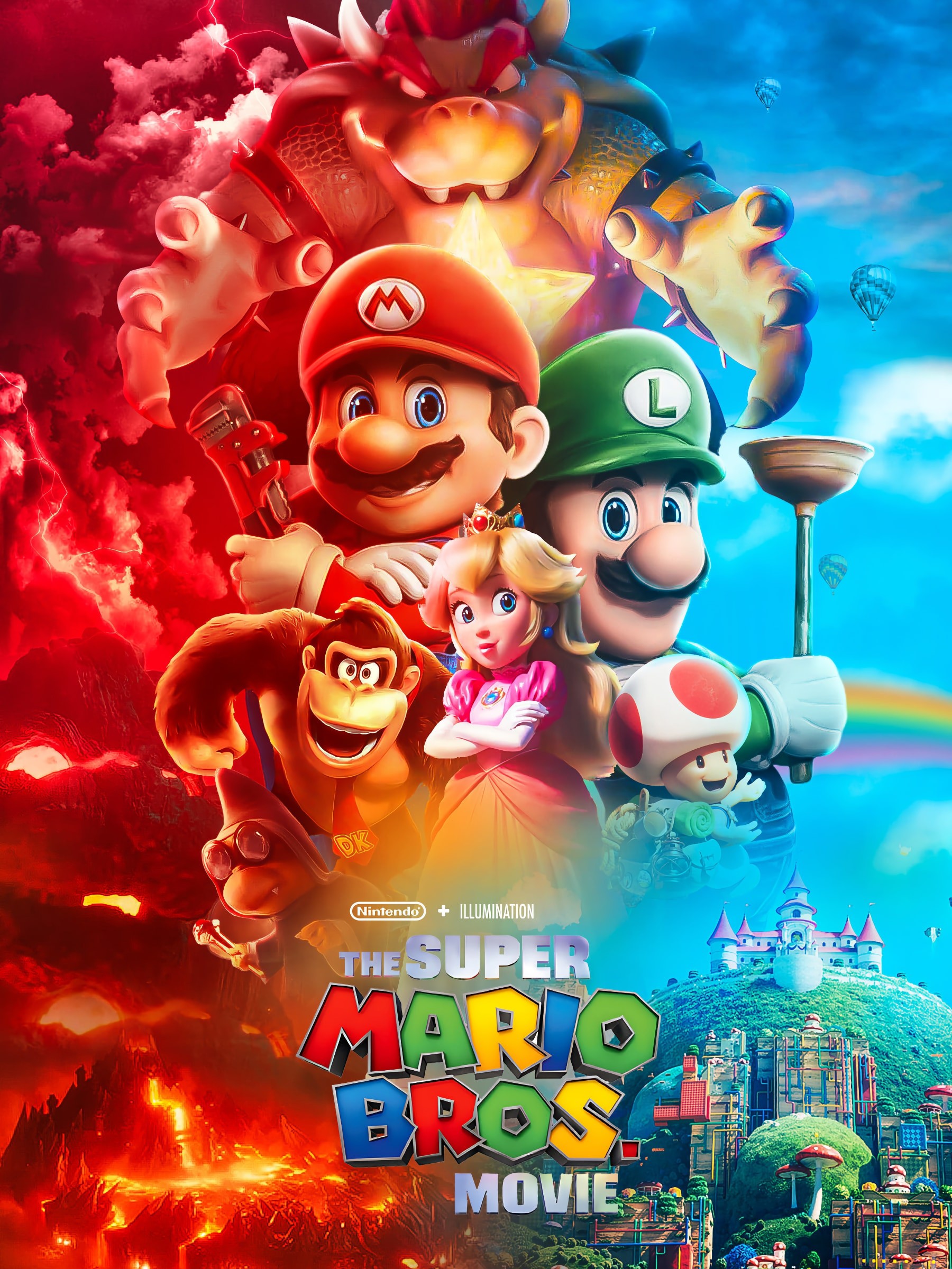 Mario, Luigi, Princess Peach, Donkey Kong, and Bowser in a colorful split world, movie title “The Super Mario Bros Movie” below.