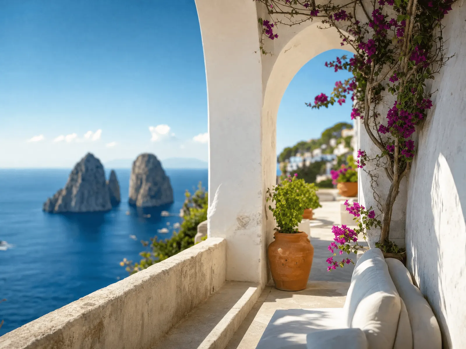 Terrace framed by bougainvillea overlooking the Faraglioni rocks off Capri