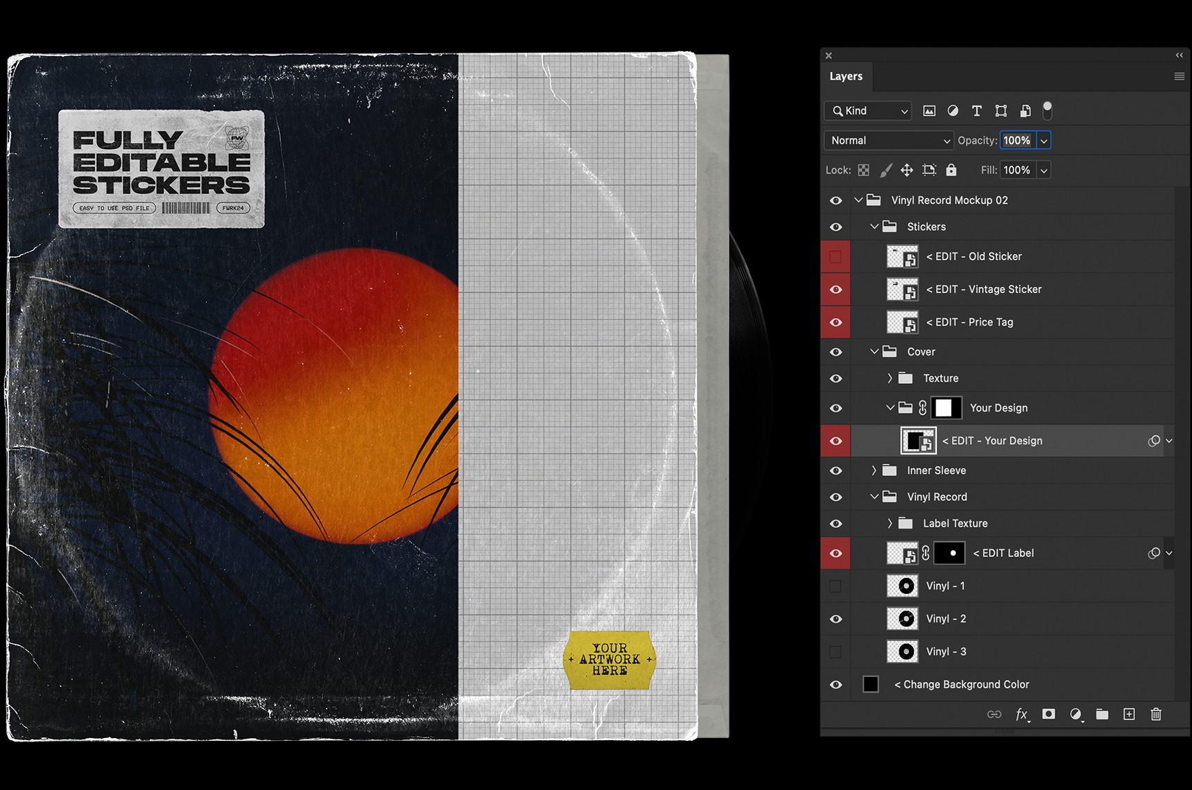 Vinyl record mockup layered Photoshop PSD showing organized smart object layers