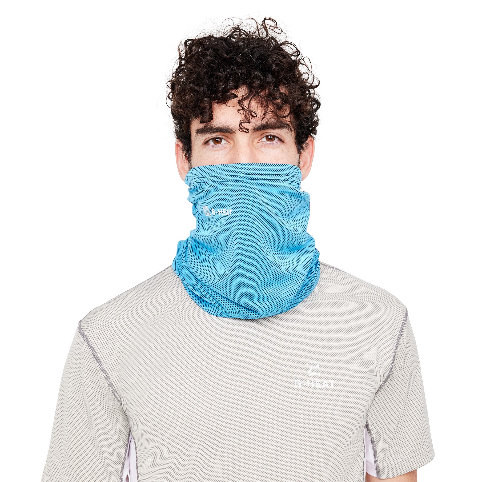 G-Heat sky blue cooling neck gaiter worn pulled up over the face, man facing forward
