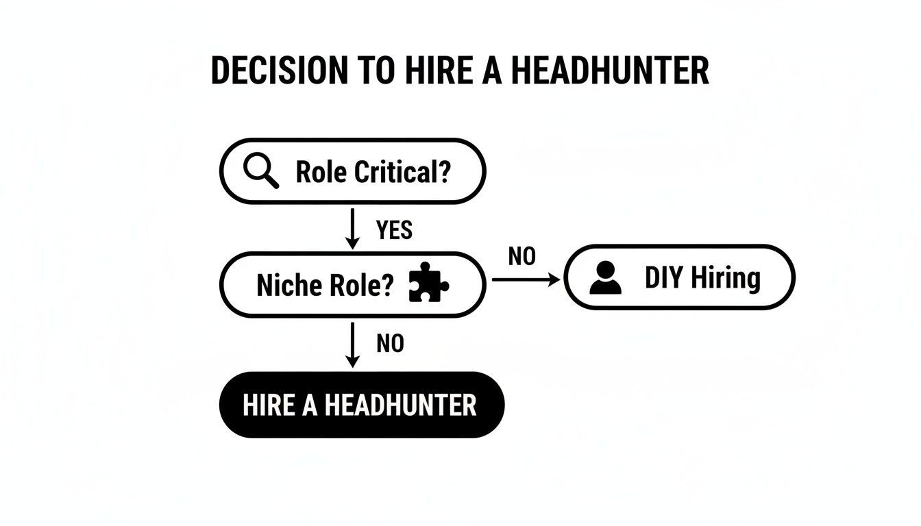 Flowchart illustrating the decision-making process for hiring a headhunter based on role criticality and niche.