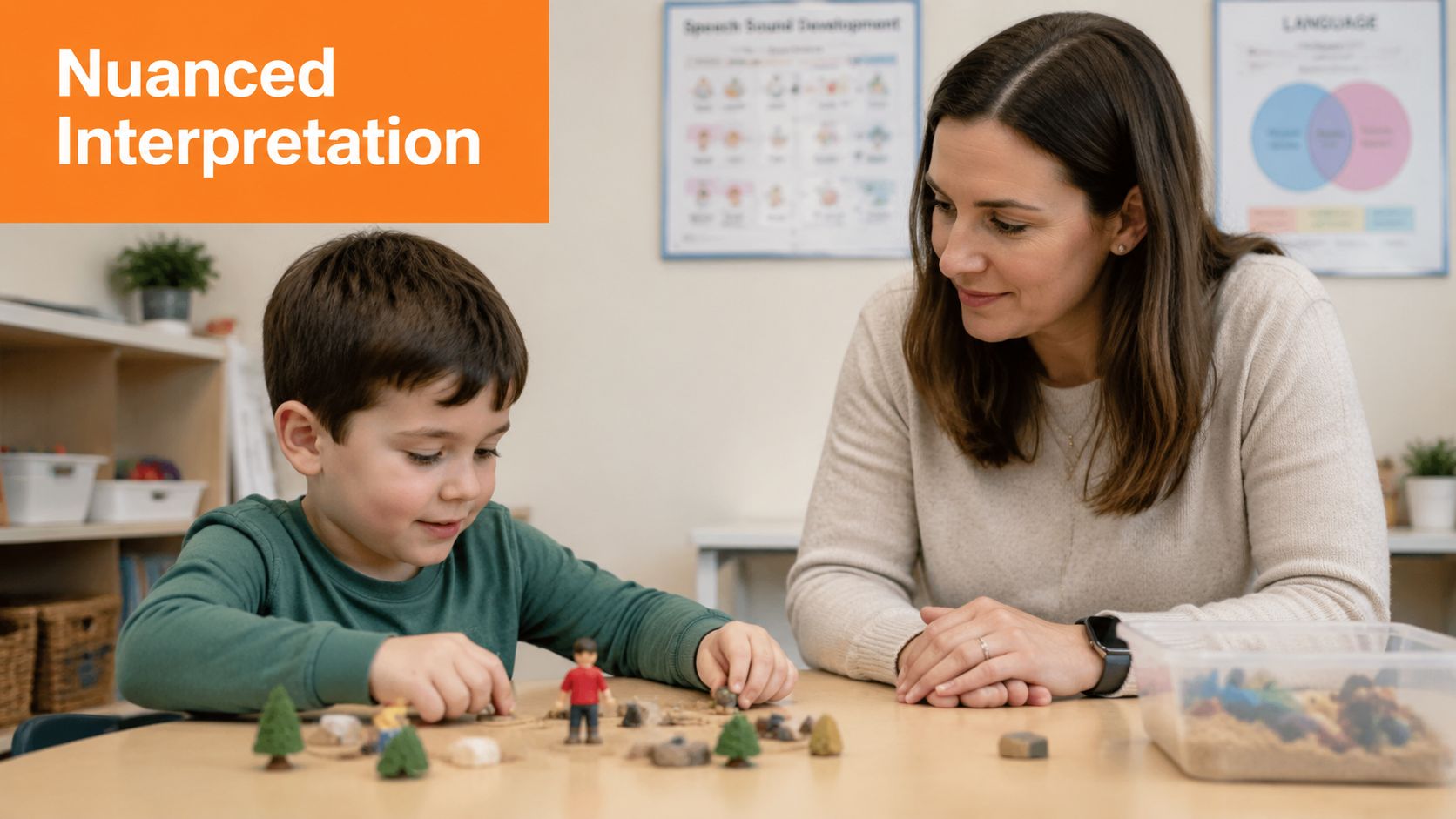 A professional speech therapist interacting with a young boy during a playful sandbox therapy session.