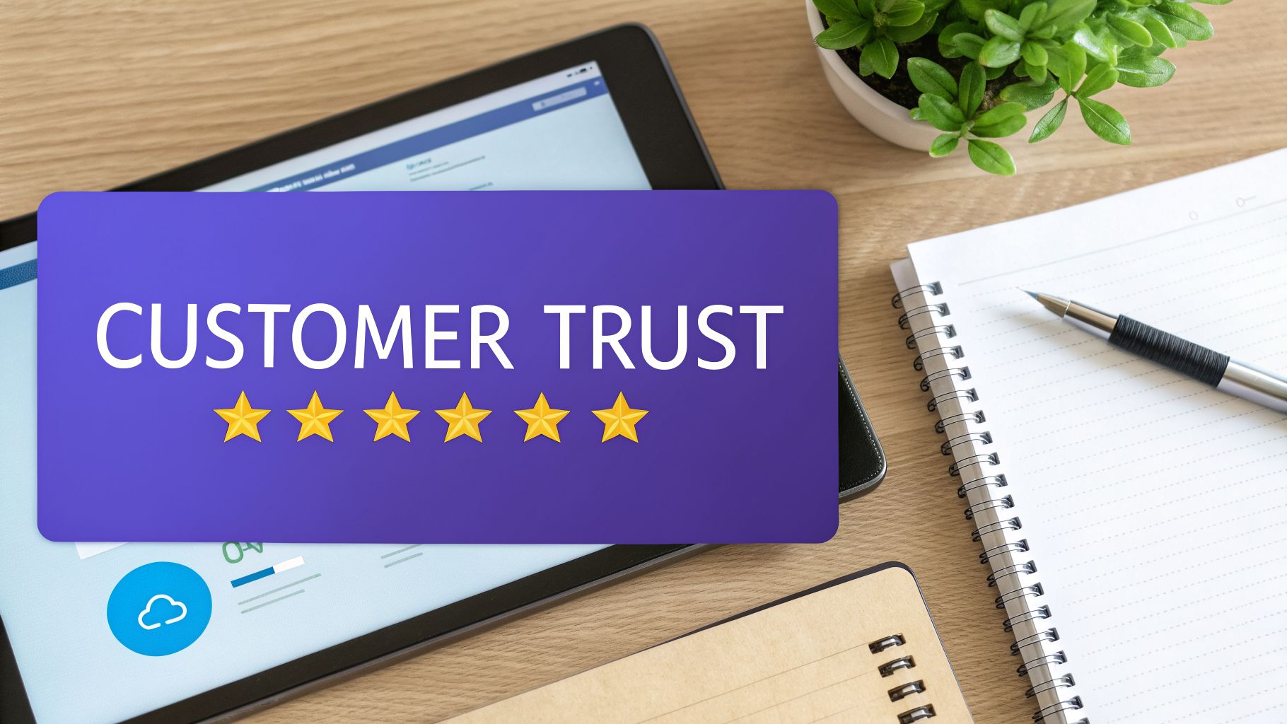 A purple banner with 'CUSTOMER TRUST' and five gold stars displayed on a tablet, symbolizing excellent service.