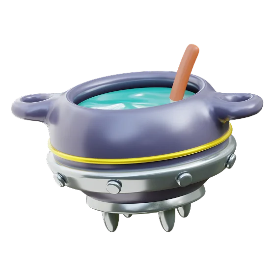 Iron cauldron of teal brew with a wooden stirring stick, a gold band, and riveted, clawed feet.