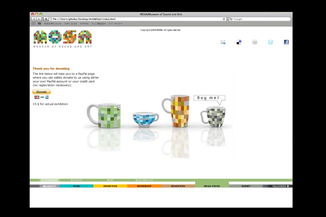 A screenshot of a webpage from the Museum of Sound and Art (MOSA) website. The page displays a thank you message for donations and shows three colorful mugs arranged on a white background. The top of the page shows the MOSA website address, navigation menu (Home, Exhibition, Workshop, Education), and social media icons. The message thanks donors for contributing via PayPal and mentions no registration or credit card required. The bottom of the page indicates a donation amount of $15 for the actual exhibition.