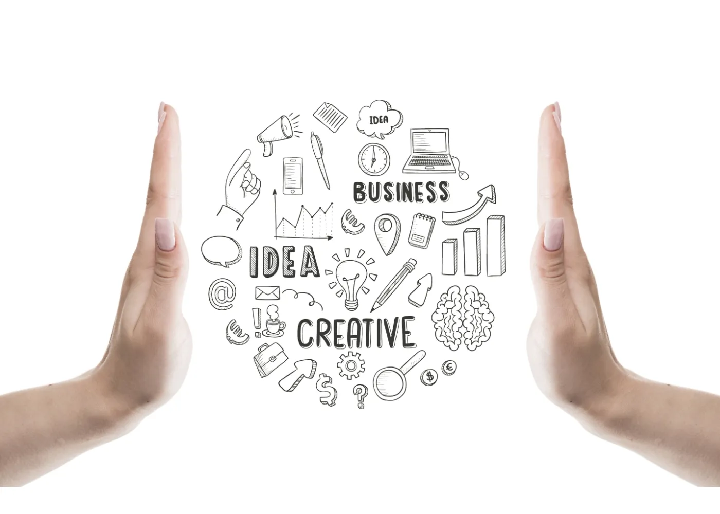 Two hands frame a circular cluster of business and creativity icons, including a lightbulb, laptop, gears, charts, and speech bubbles, emphasizing the connection between creative ideas and business growth.