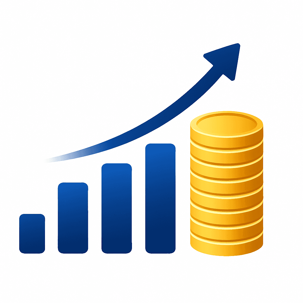 Ascending bars transitioning into stacked coins, illustrating pipeline growth and ROI from full-stack AEO platforms.