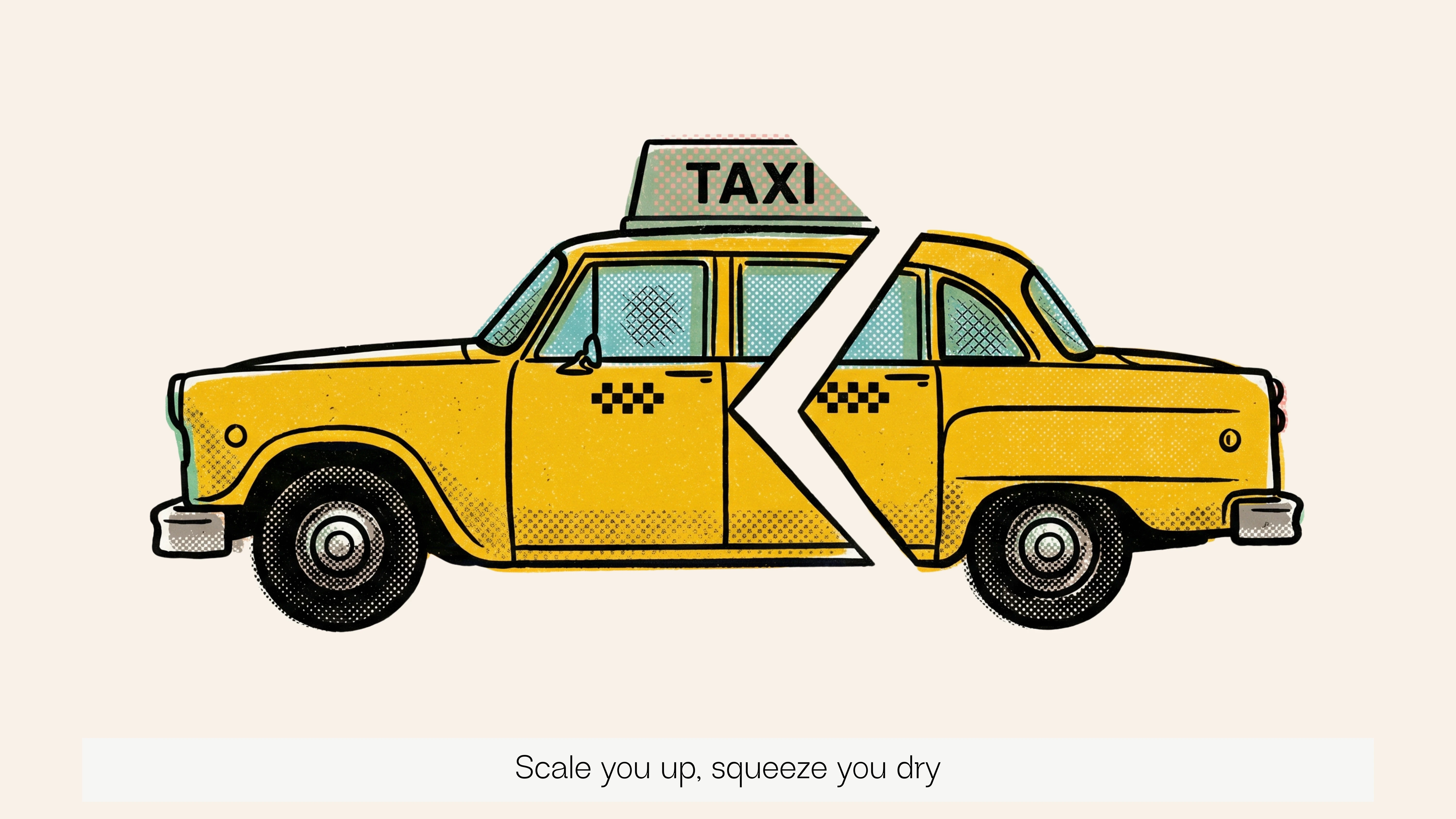 Yellow taxi compressed inward from both sides