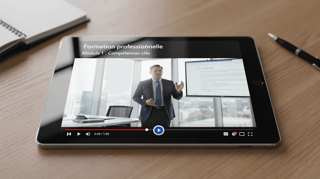Une tablette montre un contenu vidéo de formation professionnelle, mettant en avant des compétences essentielles pour devenir formateur afest. Ce dispositif est conçu pour améliorer l'apprentissage en situation de travail, en intégrant des ressources humaines et des outils adaptés à l'évaluation des salariés.