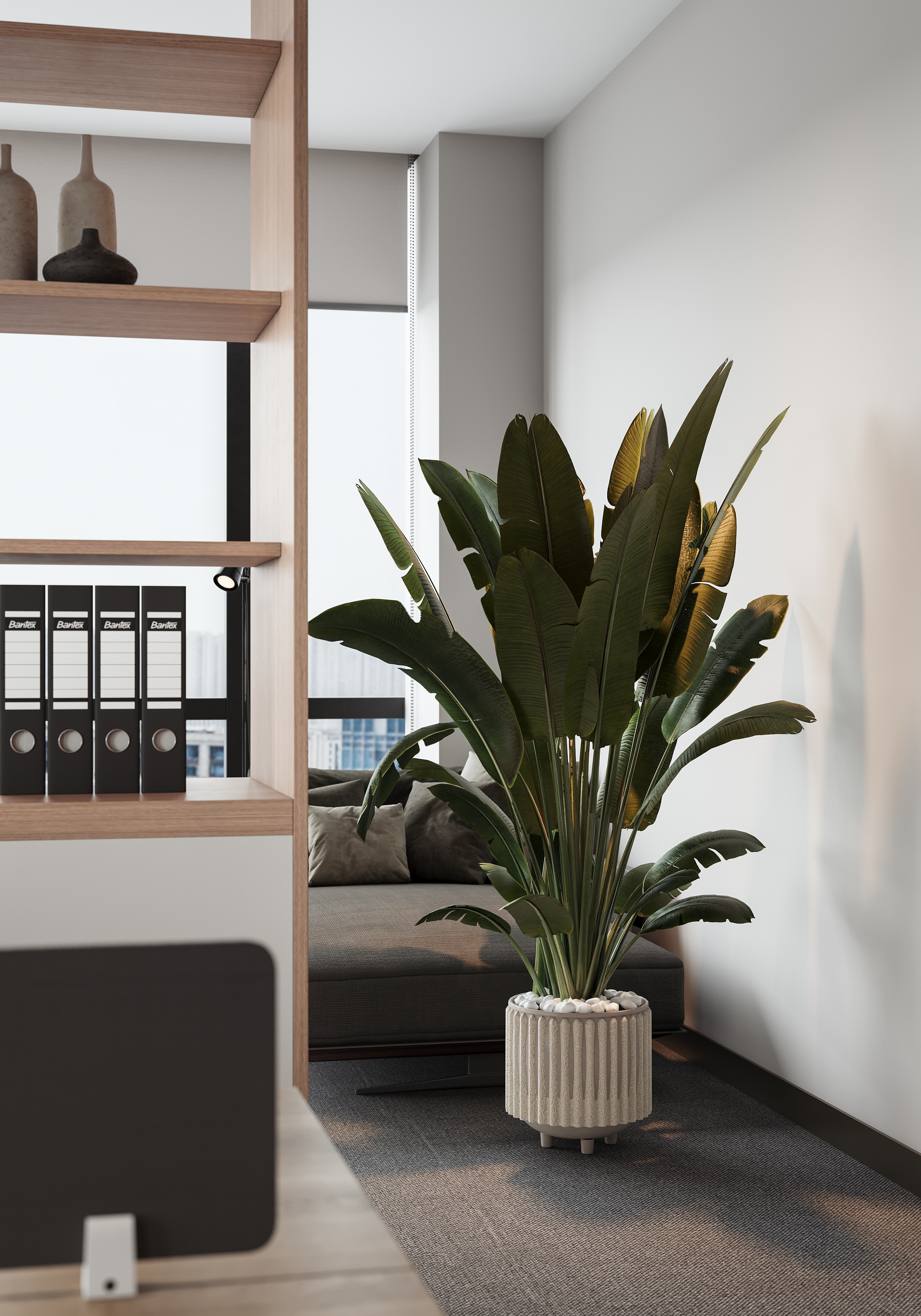 Detail of curved fluted oak panels in a high-end office interior design project