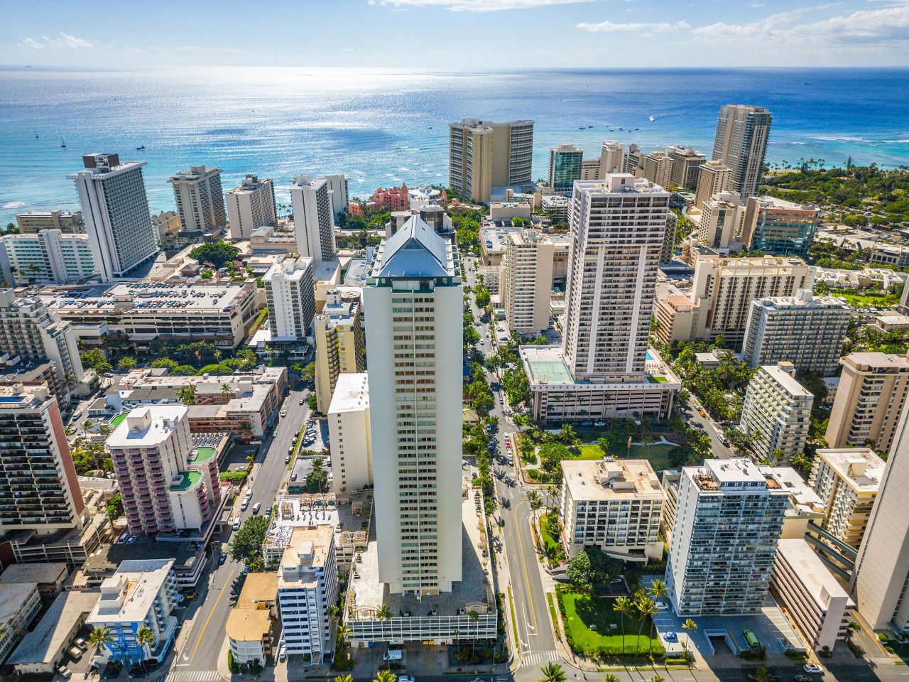 Aerial view of Waikiki high-rises stretching to the Pacific Ocean