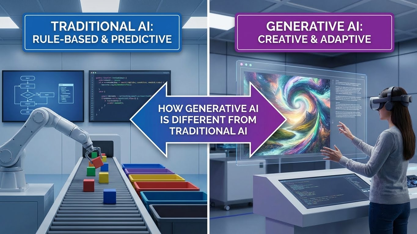 Comparison between traditional AI and generative AI showing rule-based predictive systems versus creative and adaptive generative artificial intelligence