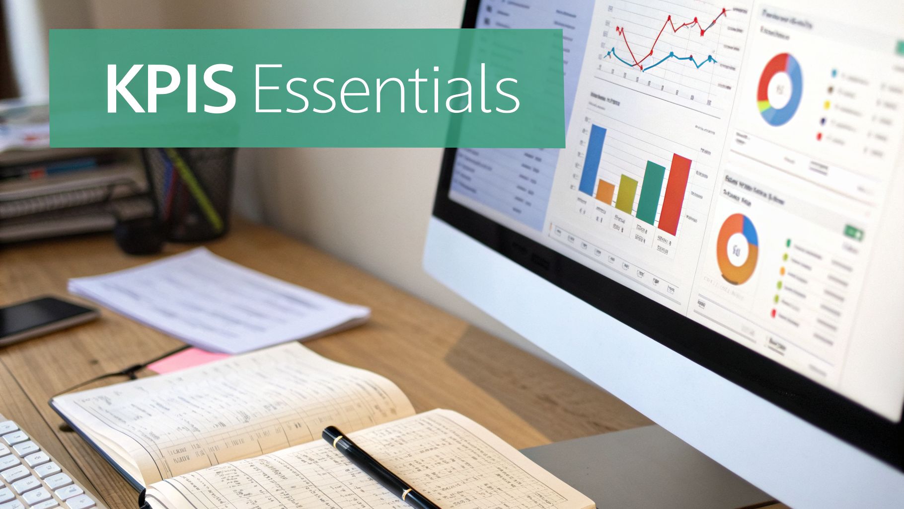 Un bureau avec un écran d'ordinateur affichant des graphiques de performance et le texte 'KPIS Essentials'.