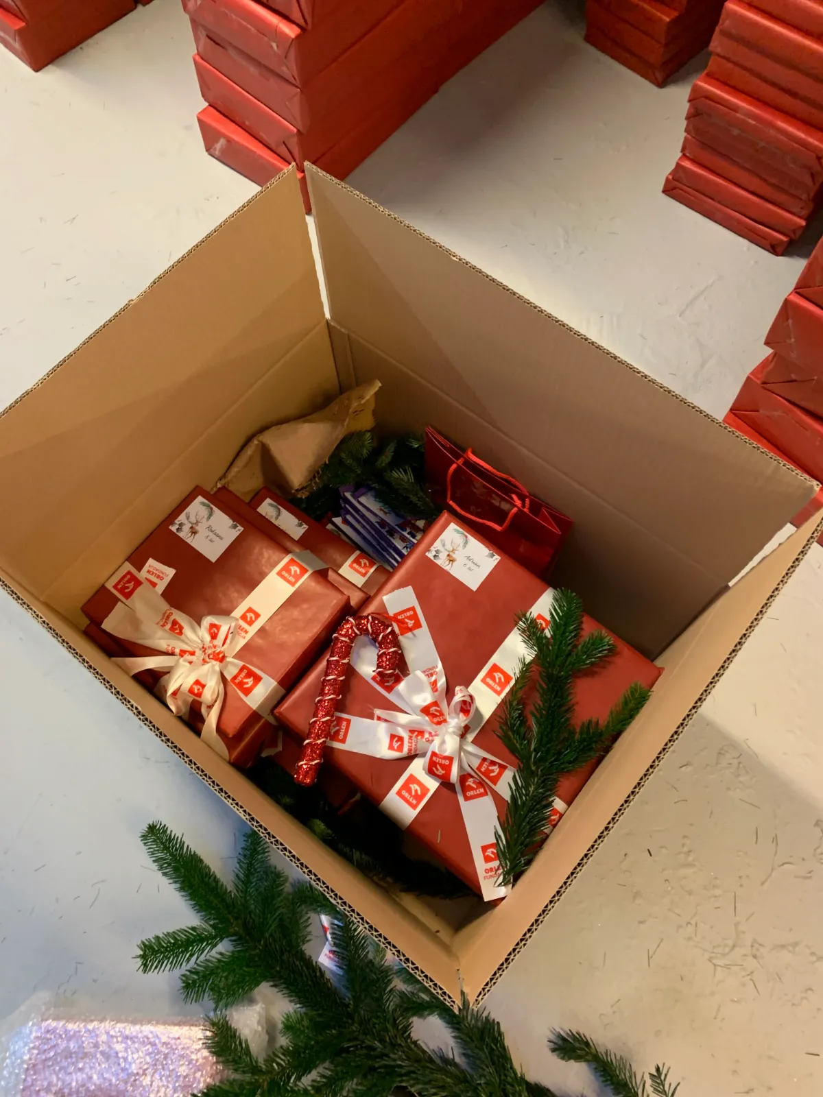 ORLEN Foundation CSR initiative, packed Christmas parcels in a carton