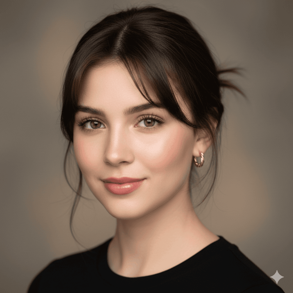 Young woman with brown hair in a bun, wearing hoop earrings and a black top. She smiles softly against a blurred gray background, conveying warmth.