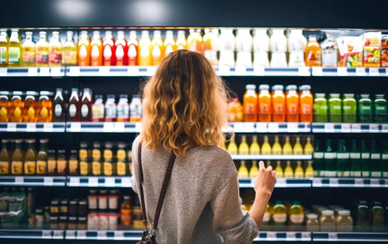 woman shopping for juice at the grocery store