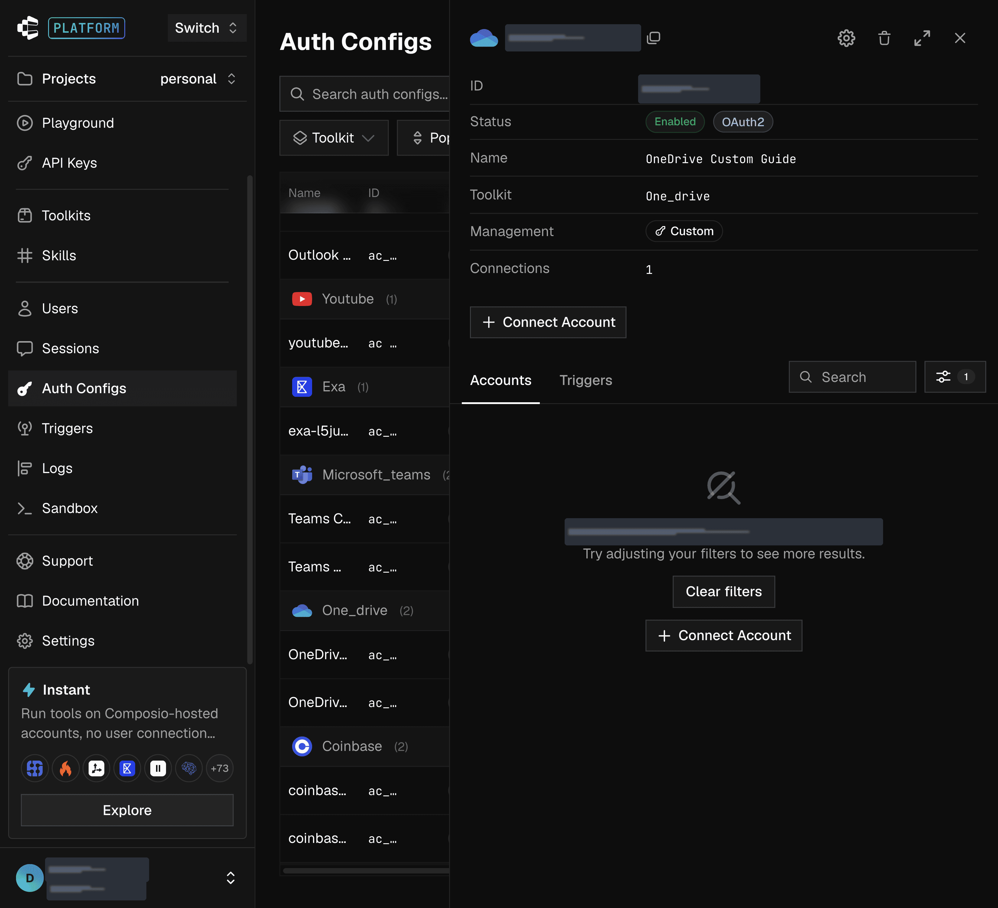 Connect Account button on the custom OneDrive auth config