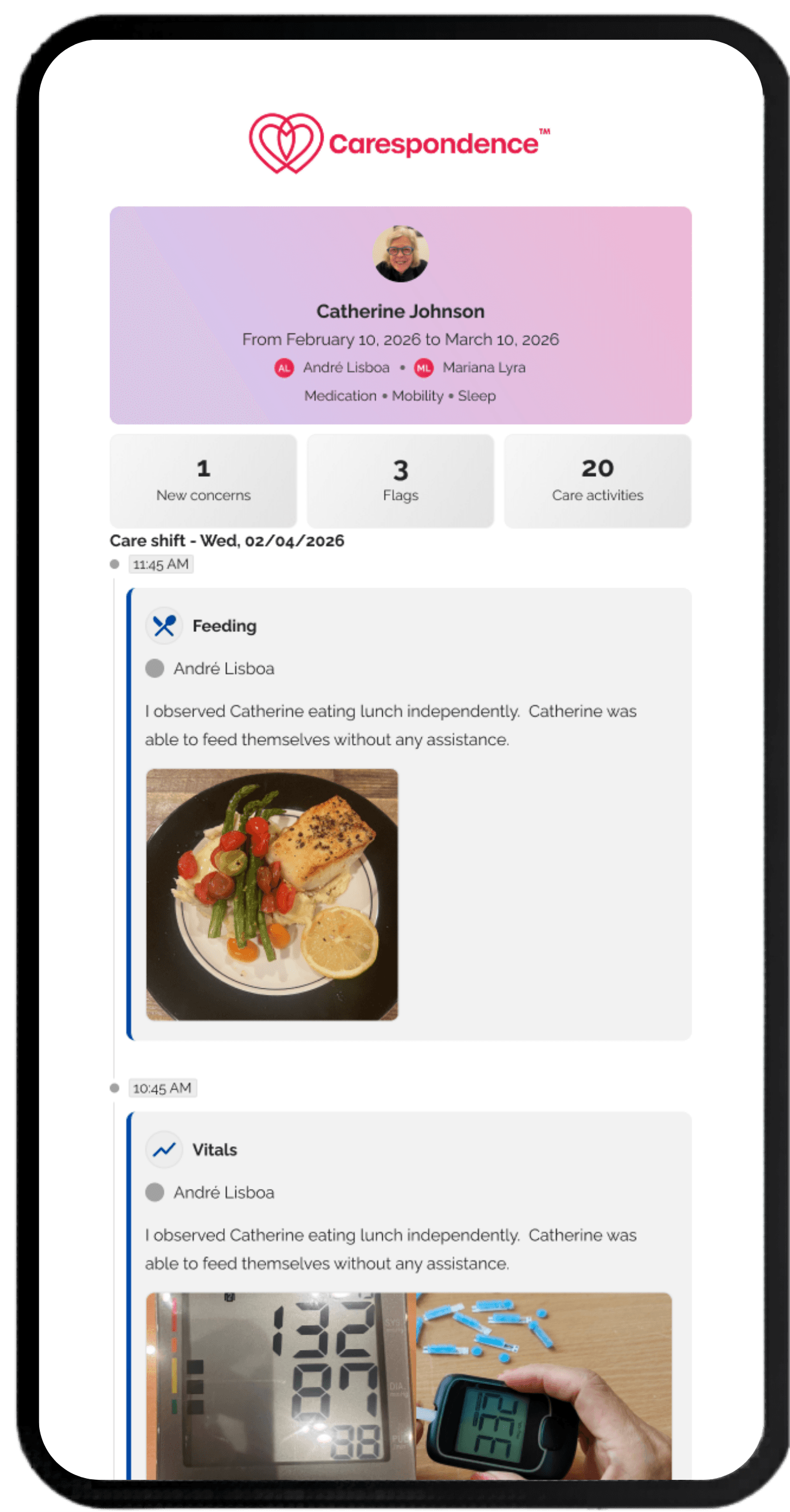 Carespondence app showing a shareable care report for Catherine Johnson covering February 10 to March 10, 2026, with a summary of 1 concern, 3 flags, and 20 care activities, and detailed care log entries including a feeding note with a photo of a meal and a vitals entry with photos of medical monitoring equipment.
