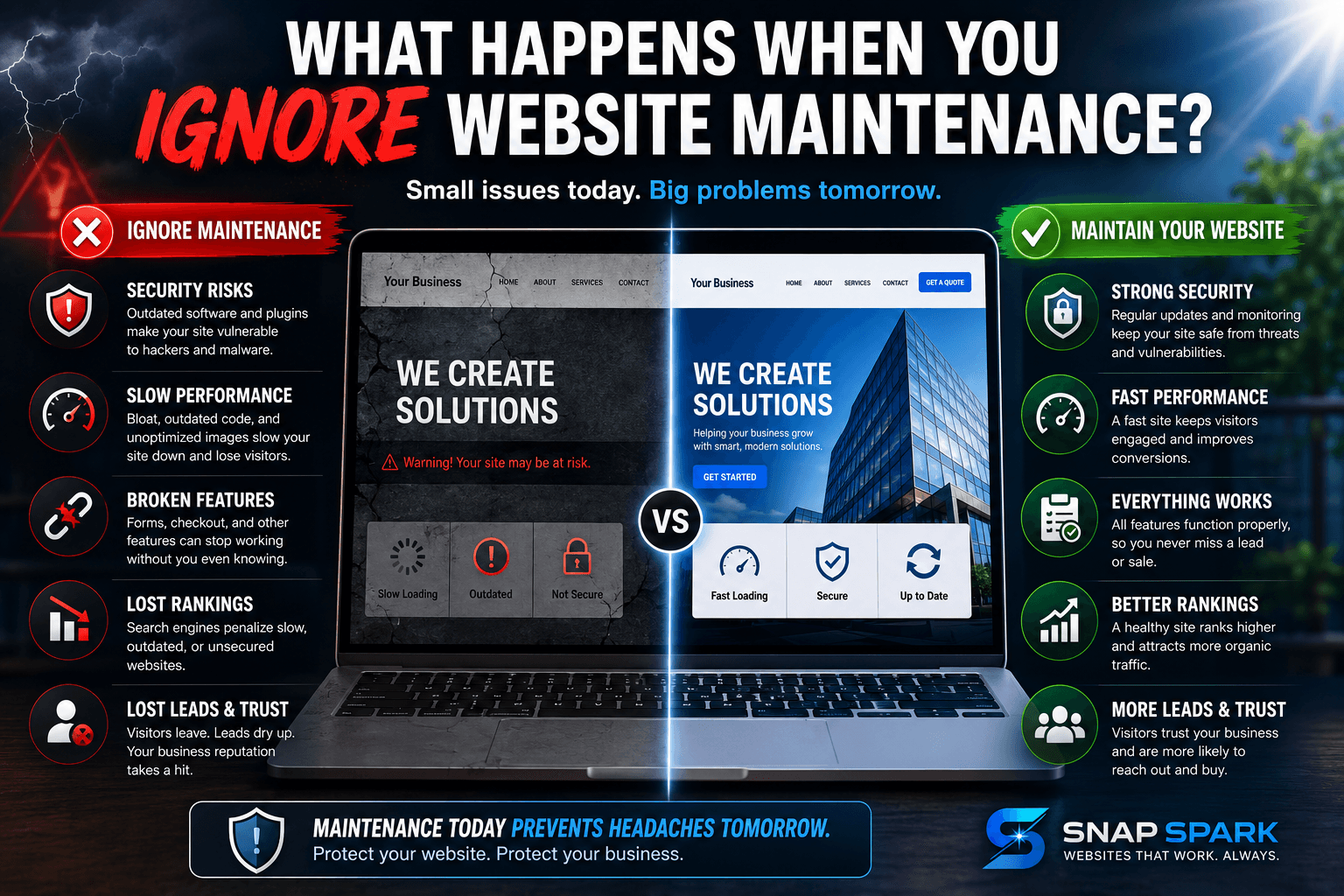 Website maintenance comparison infographic showing the risks of ignoring website updates including security vulnerabilities, slow performance, broken features, lost rankings, and lost leads versus the benefits of regular website maintenance, security updates, backups, performance optimization, and ongoing website support.