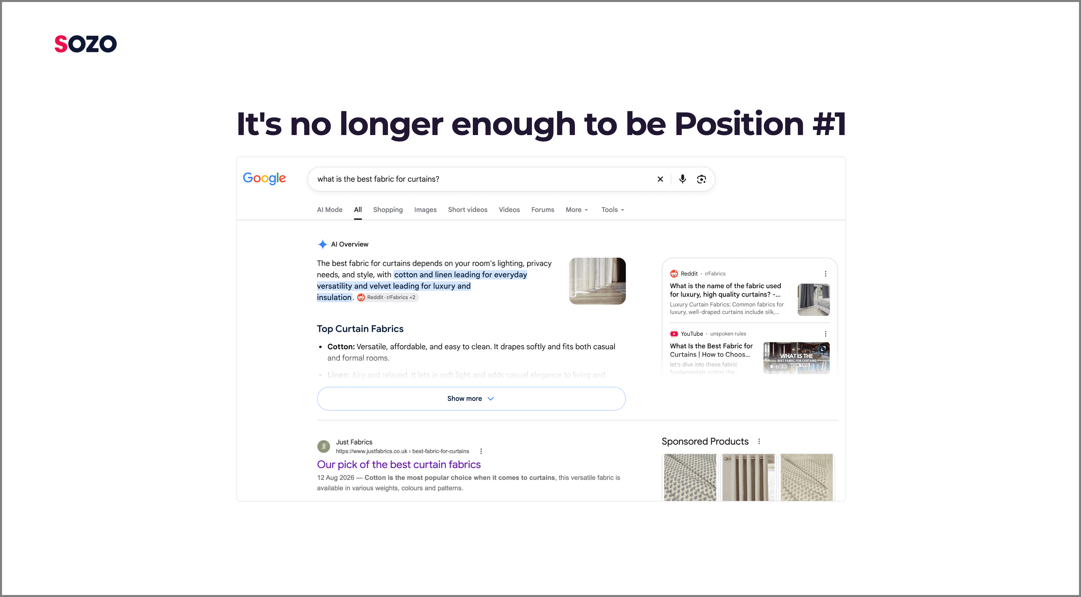 Google AI Overview for 'what is the best fabric for curtains?' sitting above the organic results, illustrating that ranking first is no longer enough.