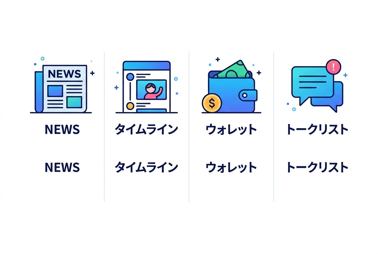 LINE広告の主要4配信面と特徴。NEWS（情報収集モード）、タイムライン（SNSモード）、ウォレット（決済モード）、トークリスト（コミュニケーションモード）でユーザー心理が異なる。