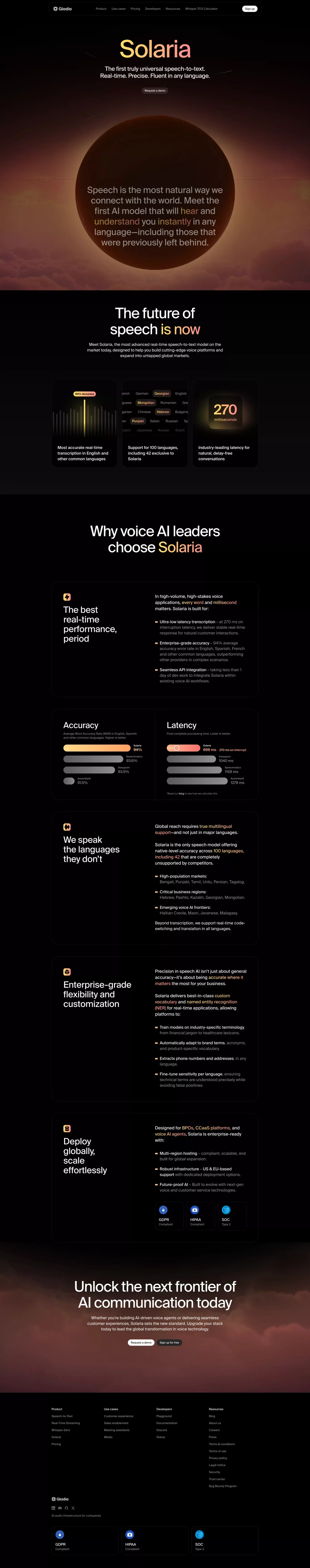 Solaria I The first truly universal spee landing page screenshot showcasing AI and Tech design