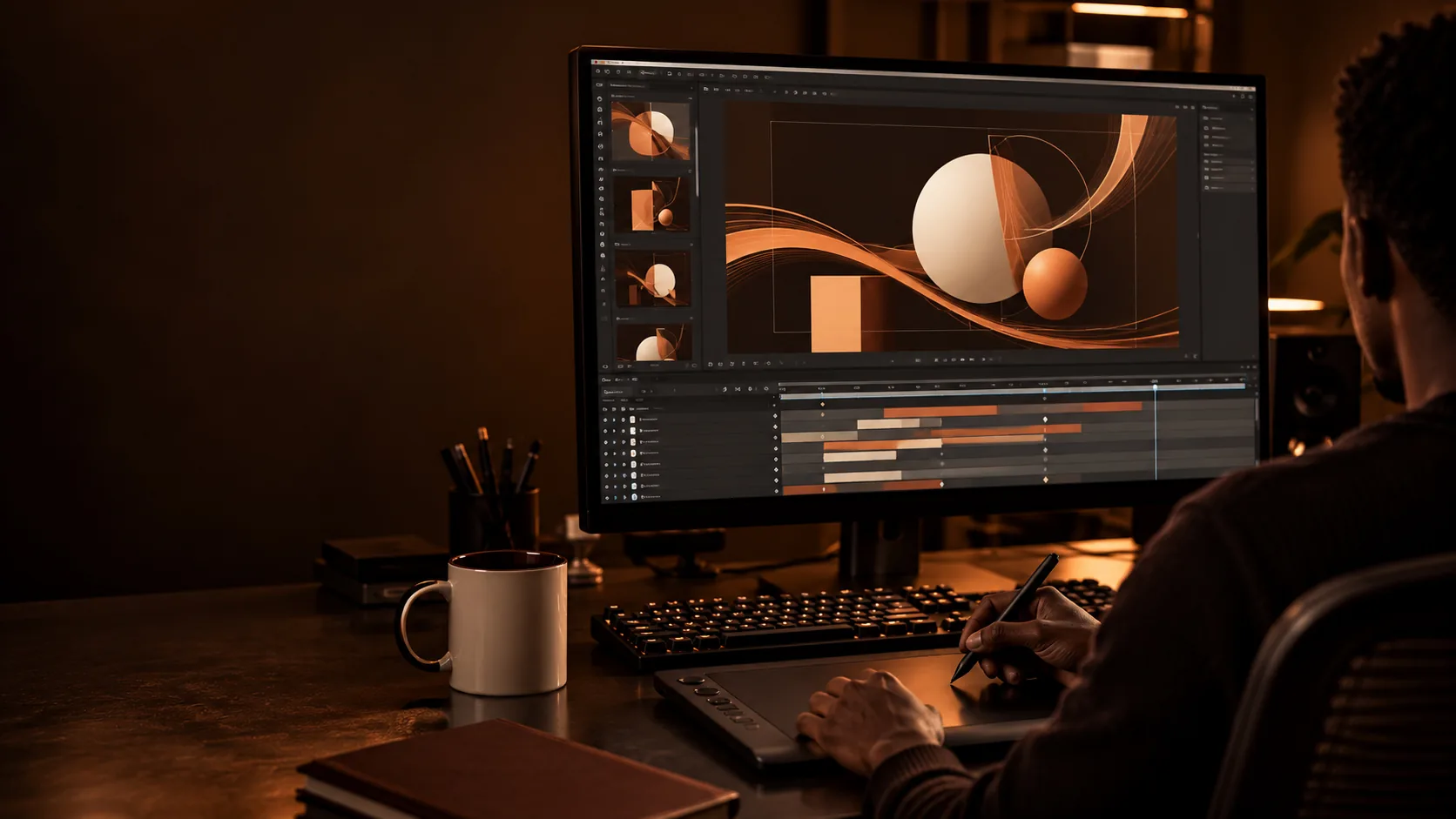 Motion designer au travail sur un montage vidéo, studio Dualscado à Lomé