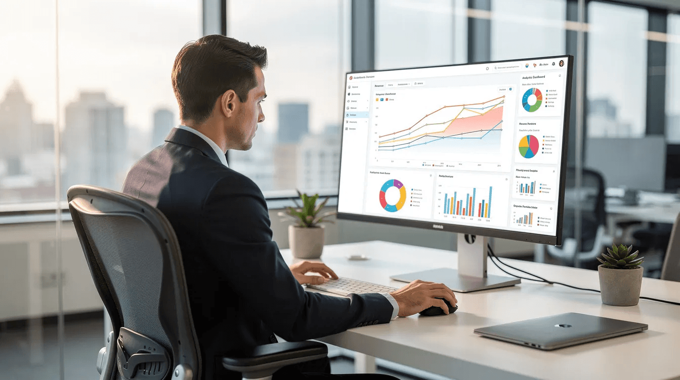 The image shows a person in a modern office setting deeply focused on examining charts and graphs displayed on a large monitor, likely analyzing data for correlation analysis. The visuals may include various statistical measures, highlighting relationships between two variables and their correlation coefficients.