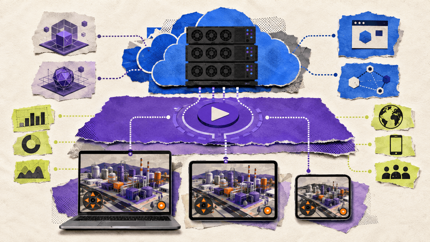 A high-fidelity 3D digital twin streamed from cloud GPUs to a laptop, tablet, and smartphone through a central delivery layer.