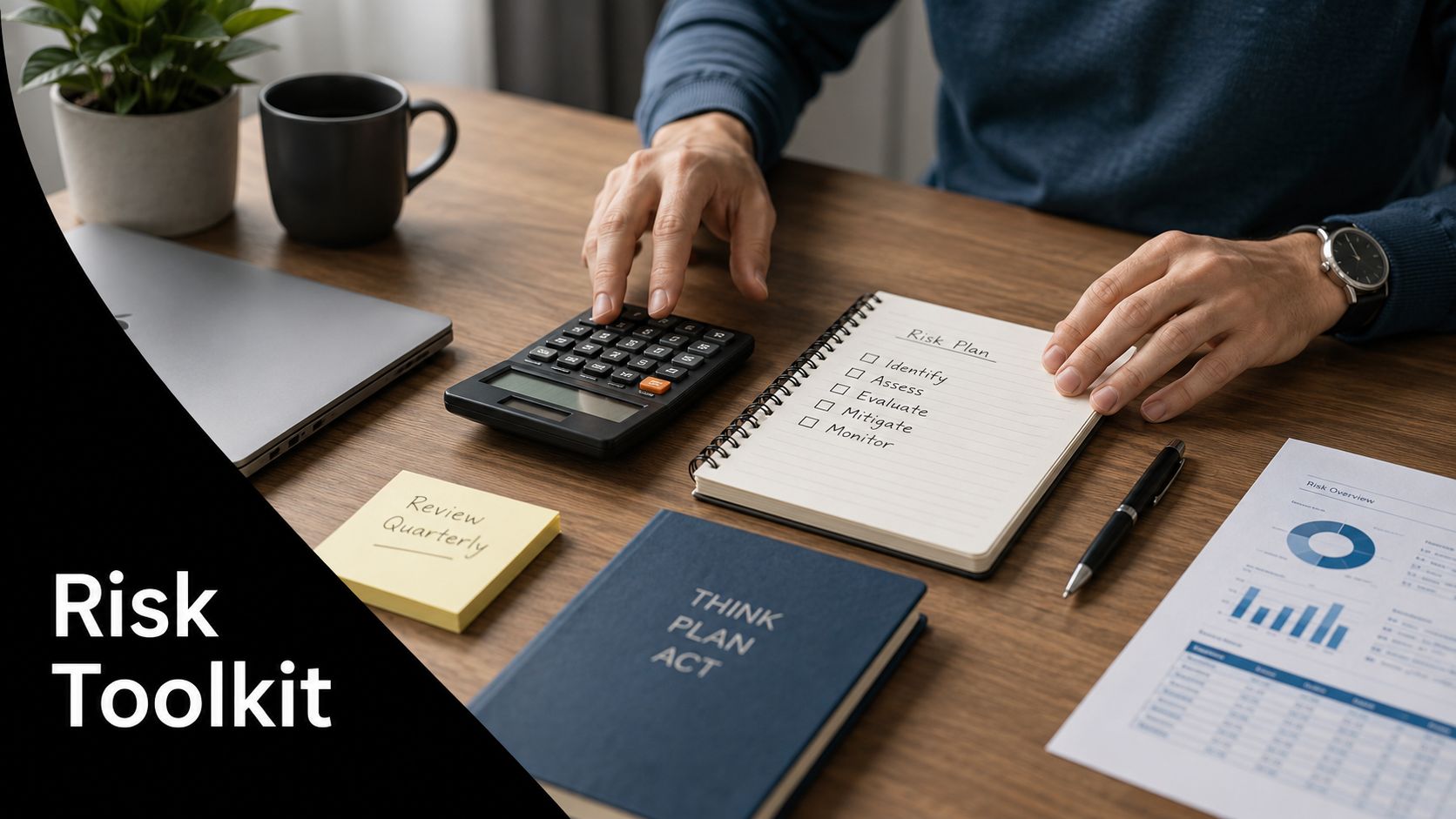 A professional analyzing a business risk management plan on a desk with a calculator and charts.