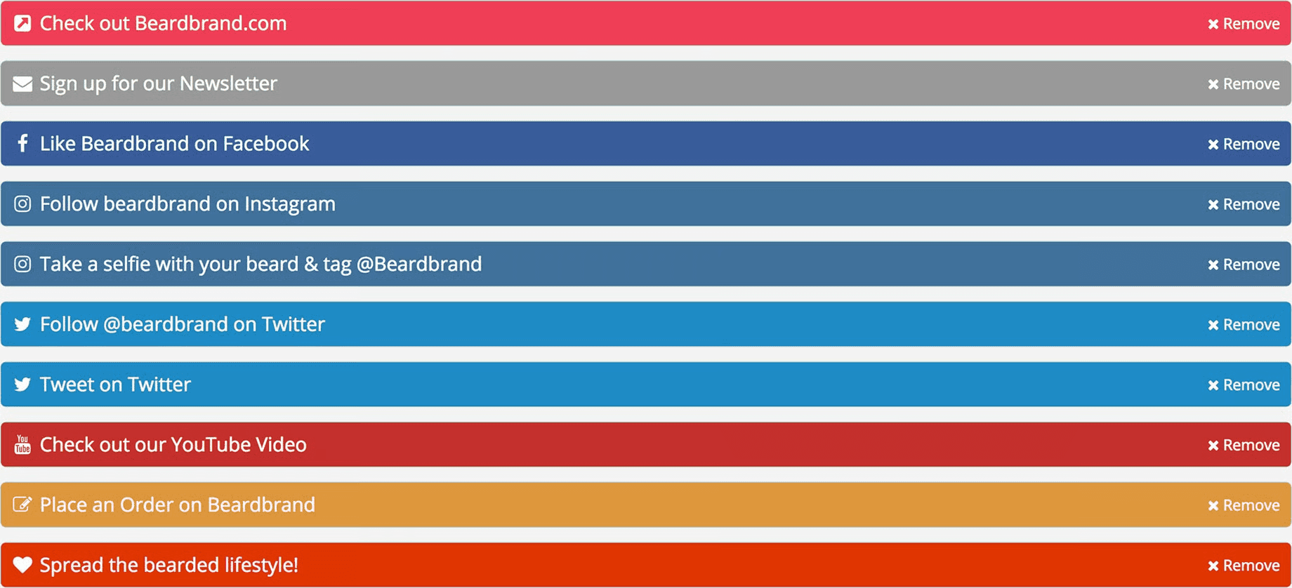 List of actions from Beardbrand's giveaway campaign