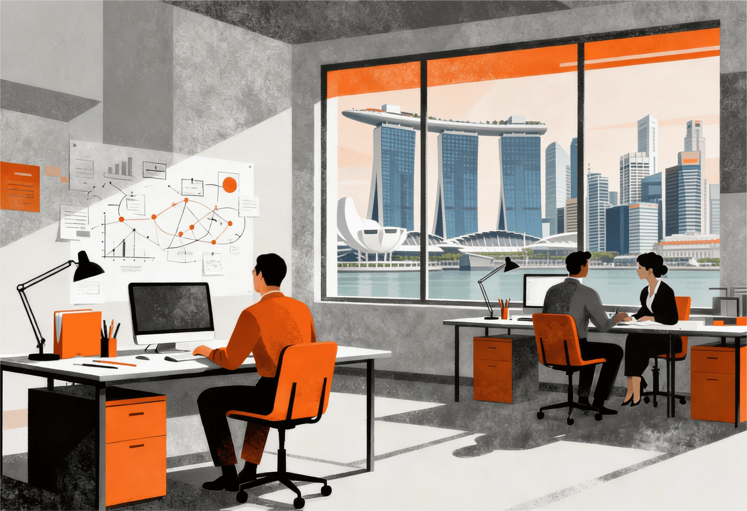 A man in a brown blazer and a woman in a light sweater sit at a desk with a laptop, discussing something. The room is dimly lit, creating a focused atmosphere.