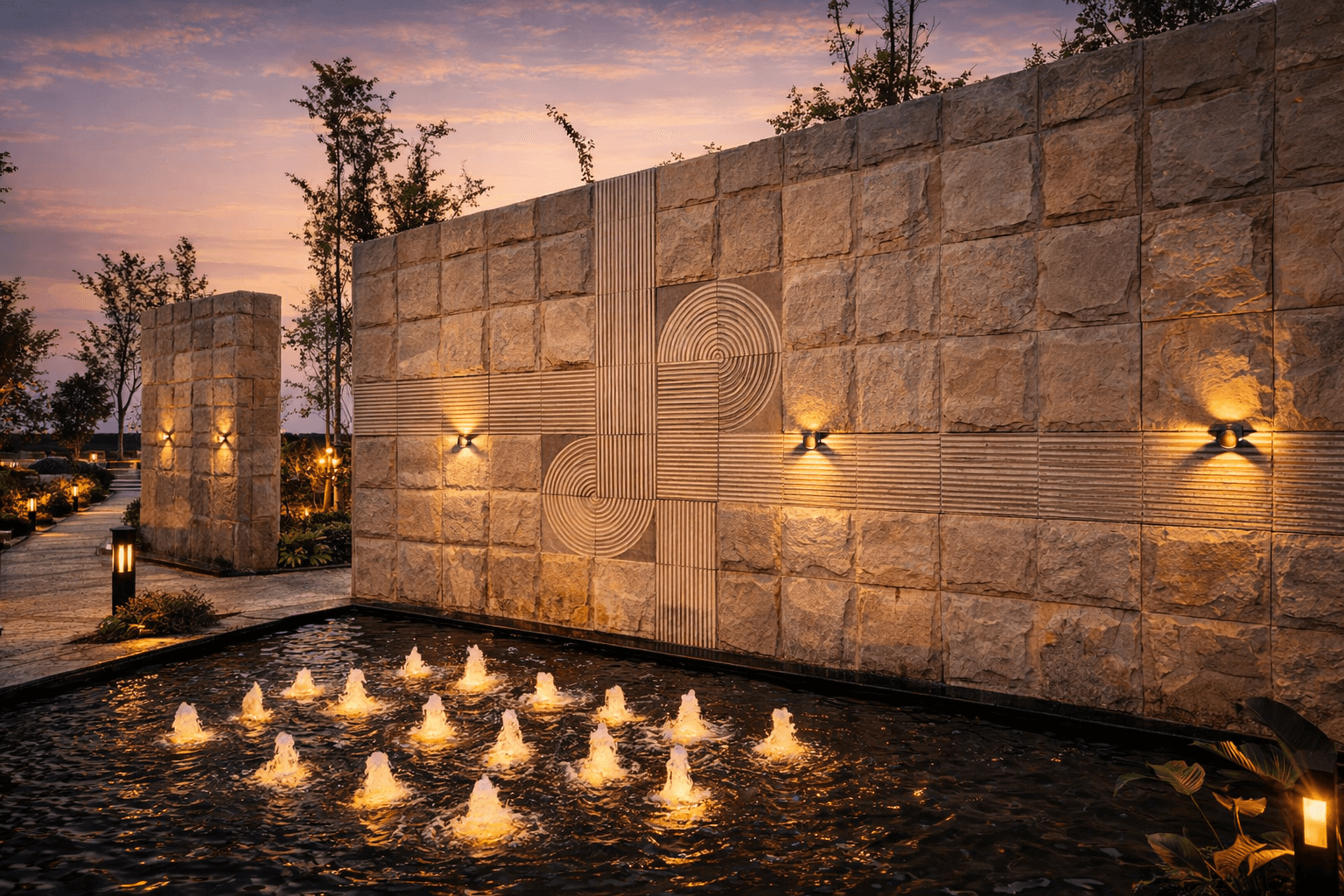 Sandstone wall with fire feature and stone flooring in outdoor residential space at Jade County”