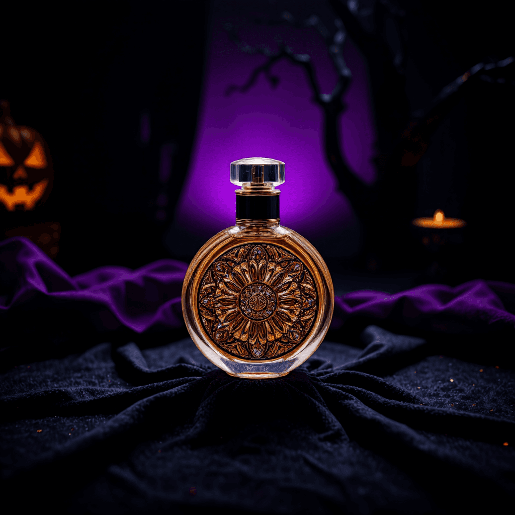 product photography of a bottle of perfume, used for personal fragrance, featuring a round shape with a decorative design
