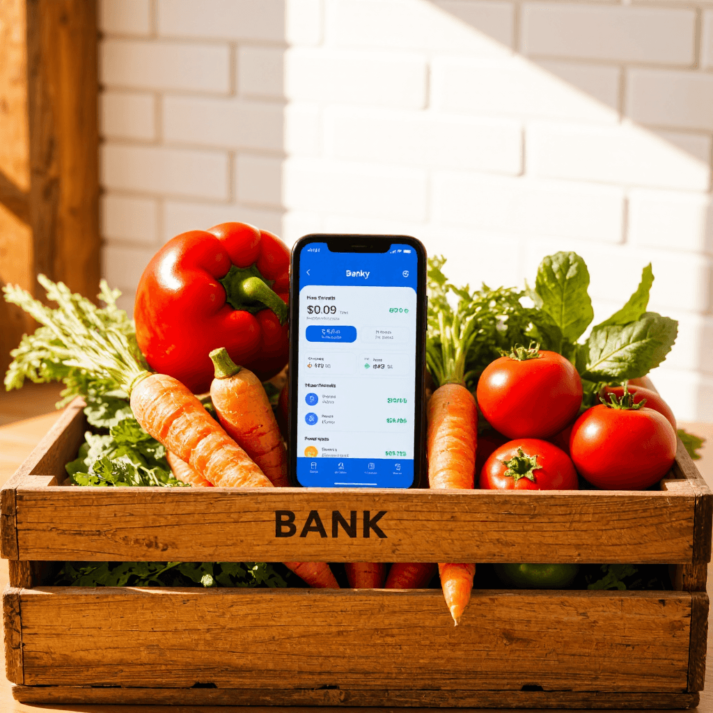 product photography of a smartphone displaying a banking app interface